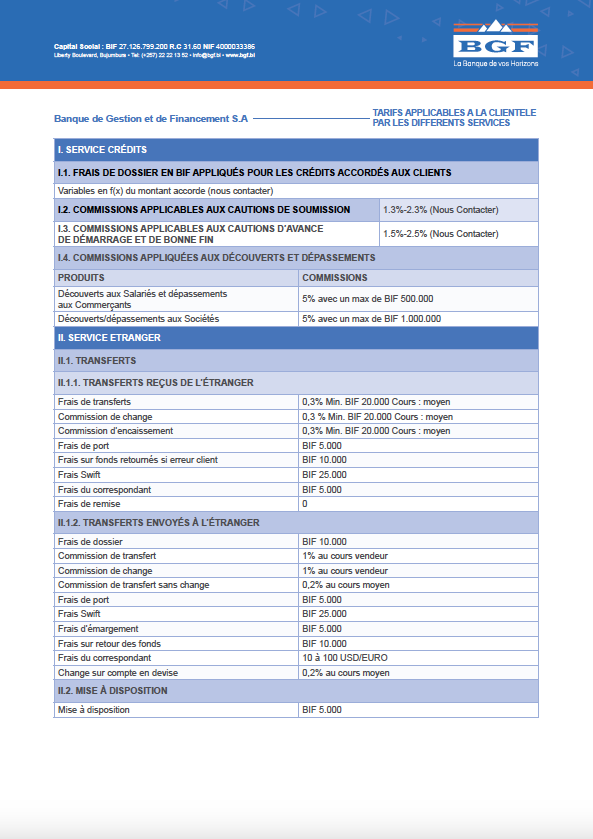 TARIFS APPLICABLES A LA CLIENTELE PAR LES DIFFERENTS SERVICES